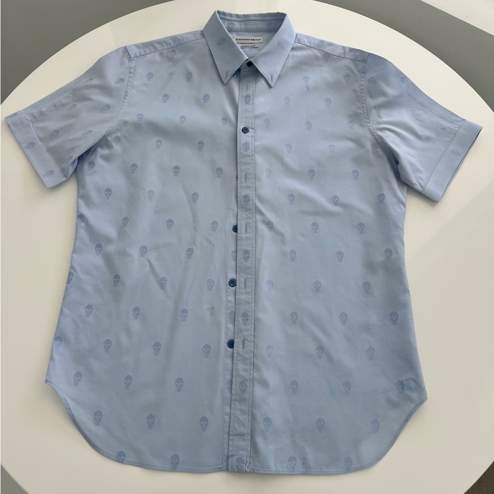 Alexander McQueen Skull Jacquard Short-Sleeve Cotton Shirt Light Blue 52 / L